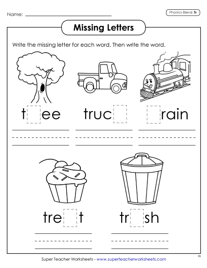 Worksheets - Missing Letters (Tr- Words)