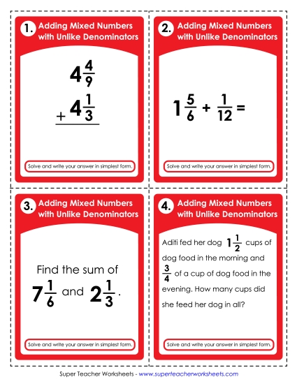 Mixed Number Addition (Unlike Denominators) Mixed Number Addition (Unlike Denominators)