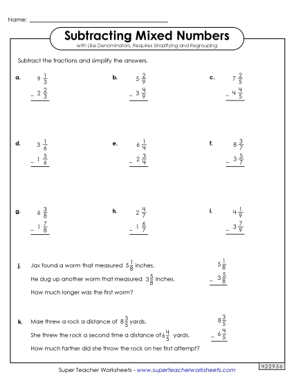 Subtracting Mixed Numbers: Same Denominators - Mixed Number Subtraction Practice (with Simplifying and Regrouping)