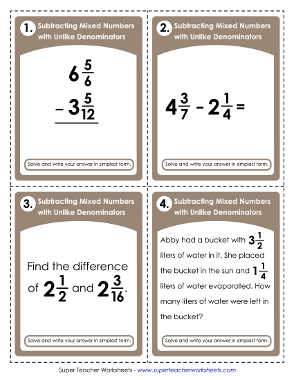 Mixed Number Subtraction (Unlike Denominators) Mixed Number Subtraction (Unlike Denominators)
