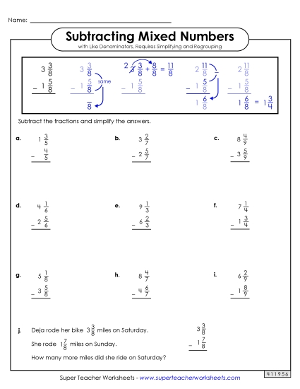 Subtracting Mixed Numbers: Same Denominators - Mixed Number Subtraction Worksheet 1 (with Simplifying and Regrouping)