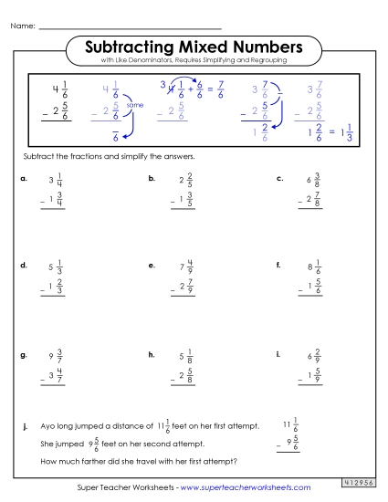 Subtracting Mixed Numbers: Same Denominators - Mixed Number Subtraction Worksheet 2 (with Simplifying and Regrouping)