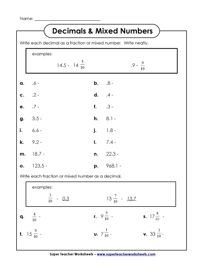 Tenths - Mixed Numbers to Decimals Tenths - Mixed Numbers to Decimals
