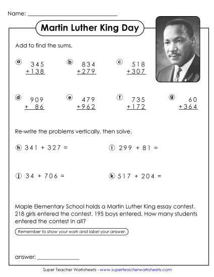 M.L.K. Math - M.L.K. Math - Adding (3-Digit Numbers) M.L.K. Math - M.L.K. Math - Adding (3-Digit Numbers)