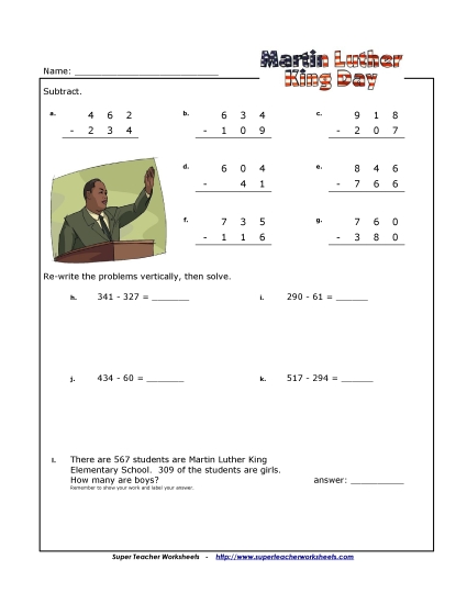 M.L.K. Math - M.L.K. Math - Subtraction (3-Digit Numbers) M.L.K. Math - M.L.K. Math - Subtraction (3-Digit Numbers)