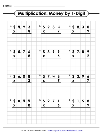 Money Times 1-Digit Worksheets - Money Multiplication: 1-digit Numbers