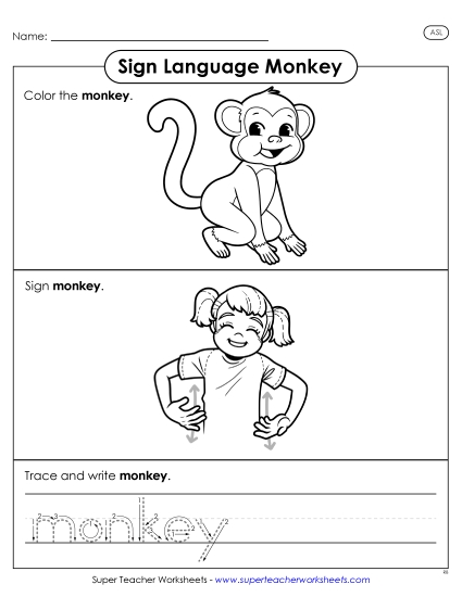Animals - Monkey (ASL) (Printable PDF Worksheet)