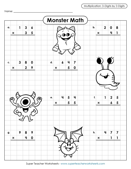 3-Digit Times 2-Digit Worksheets - Monster Math: 3-digit by 2-digit