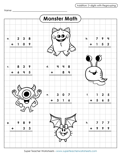 Addition (3-Digit Addends) - Monster Math Addition:  3-Digits