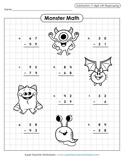 2-Digit Subtraction (With Borrowing) - Monster Math Subtraction (2-Digits / Regrouping)