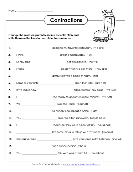 Worksheets - More Contraction Sentences