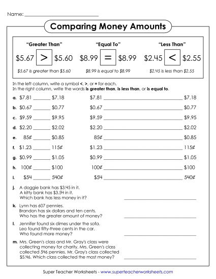 Compare Money Amounts - More Practice Comparing Money Compare Money Amounts - More Practice Comparing Money