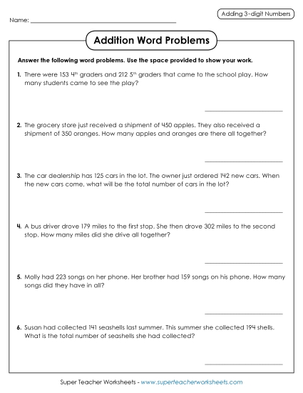 Addition (3-Digit Addends) - More Word Problems: 3-Digit Addition Addition (3-Digit Addends) - More Word Problems: 3-Digit Addition