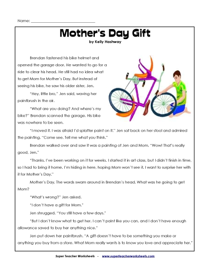 Reading Comprehension - Mother's Day Gift (Fiction Story) Reading Comprehension - Mother's Day Gift (Fiction Story)