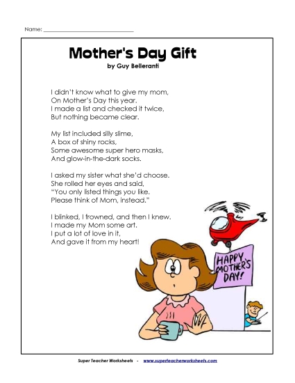 Reading Comprehension - Mother's Day Gift (Poem) Reading Comprehension - Mother's Day Gift (Poem)