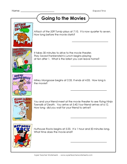 Level: Intermediate 5 Minute Increments - Movies - Elapsed Time Worksheet