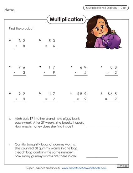 2-Digit Times 1-Digit Worksheets - Multiplication: 2-Digit by 1-Digit 2-Digit Times 1-Digit Worksheets - Multiplication: 2-Digit by 1-Digit