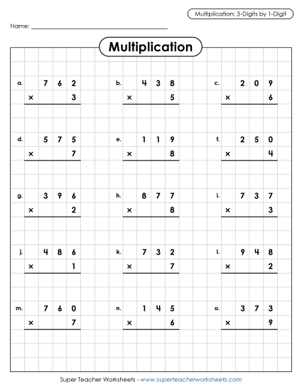 3-Digit Times 1-Digit Printables - Multiplication: 3-digit by 1-digit