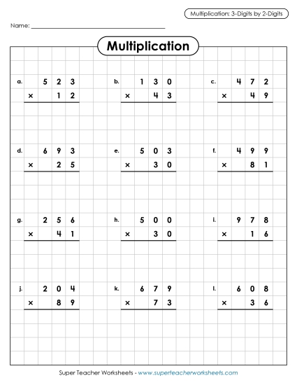 3-Digit Times 2-Digit Worksheets - Multiplication: 3-digit by 2-digit