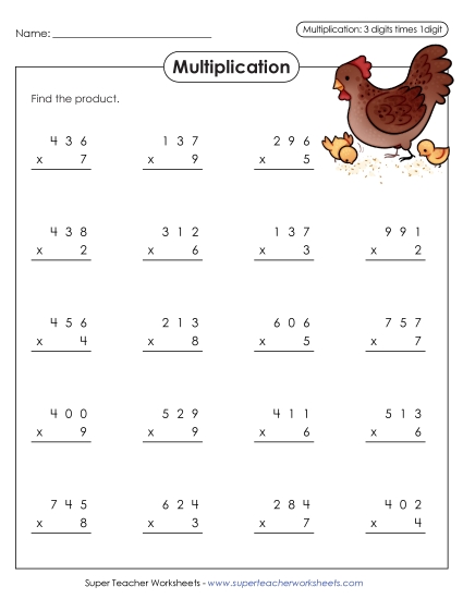 3-Digit Times 1-Digit Printables - Multiplication: 3-digit times 1-digit