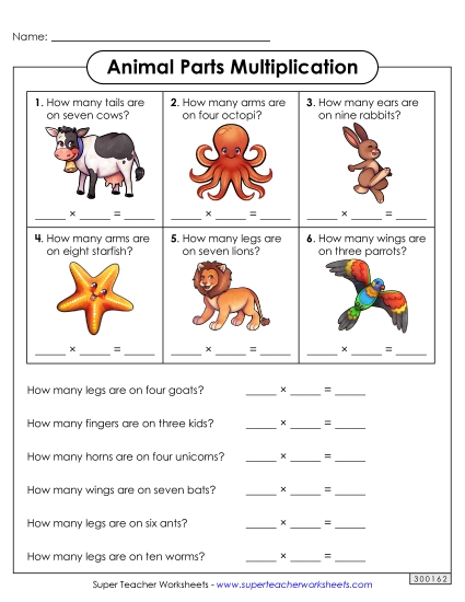 Worksheets and Games - Multiplication Animal Parts Worksheets and Games - Multiplication Animal Parts