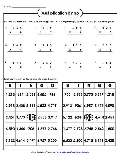 3-Digit Times 1-Digit Printables - Multiplication Bingo:  3-digit by 1-digit (Printable PDF Worksheet)