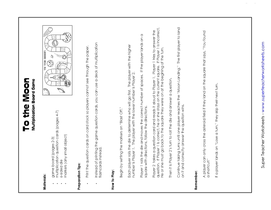 Worksheets and Games - Multiplication Board Game: To the Moon Worksheets and Games - Multiplication Board Game: To the Moon