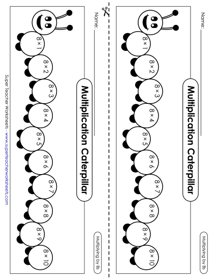 Multiplication by 8s Only - Multiplication Caterpillar: Multiply by 8s