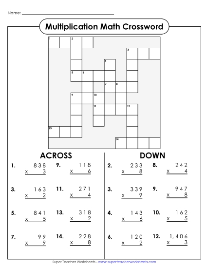 3-Digit Times 1-Digit Printables - Multiplication Crossword: 3-Digit by 1-Digit 3-Digit Times 1-Digit Printables - Multiplication Crossword: 3-Digit by 1-Digit
