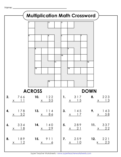 Multiplication - Multiplication Crossword (3-Digit by 2-Digit)