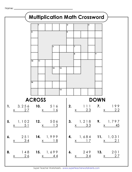 Multiplication - Multiplication Crossword (4-Digit by 2-Digit)