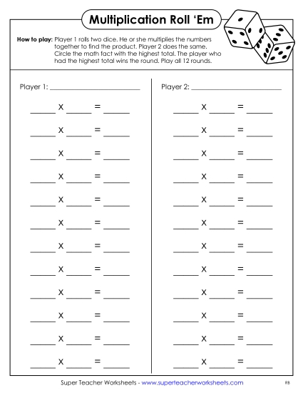 Worksheets and Games - Multiplication Dice Game (2 Players) Worksheets and Games - Multiplication Dice Game (2 Players)