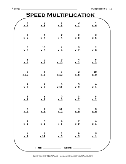 Multiplication Basic Facts Mad Minute Drills - Multiplication Drill 0 - 11