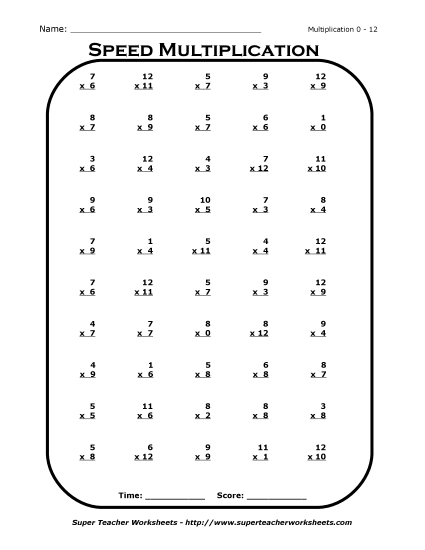 Multiplication Basic Facts Mad Minute Drills - Multiplication Drill 0 - 12