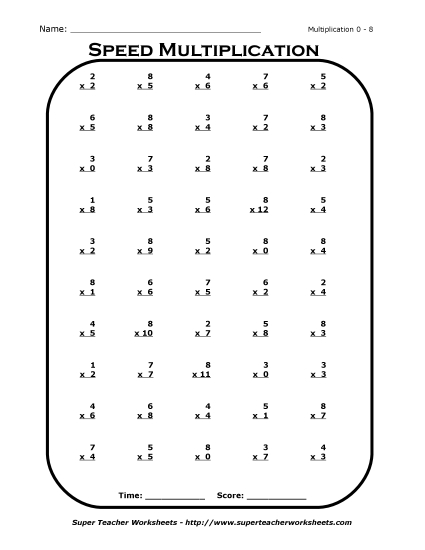 Multiplication Basic Facts Mad Minute Drills - Multiplication Drill 0 - 8