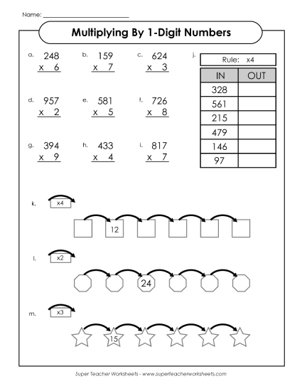 3-Digit Times 1-Digit Printables - Multiplication Mix