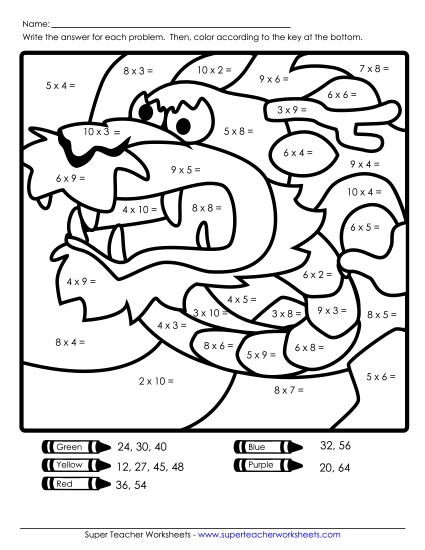 Math Mystery Pictures - Multiplication Mystery Picture: Dragon