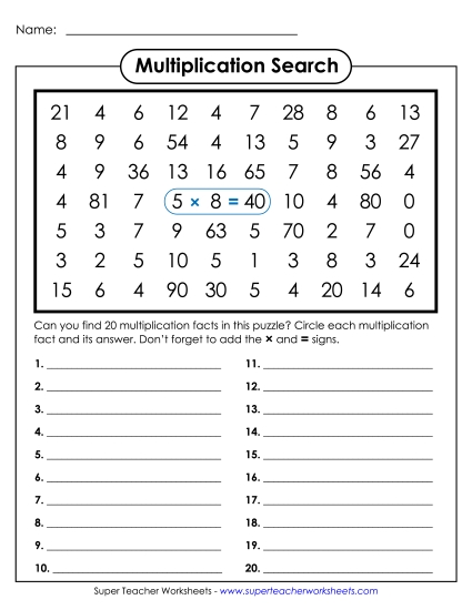 Worksheets and Games - Multiplication Number Search: 0-10 Worksheets and Games - Multiplication Number Search: 0-10