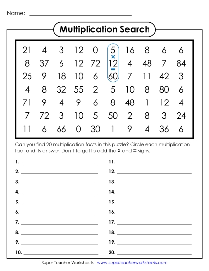 Worksheets, Games, & Task Cards - Multiplication Number Search: 0-12