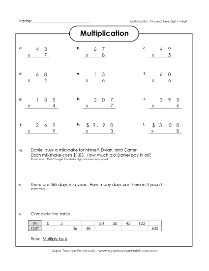 3-Digit Times 1-Digit Printables - Multiplication  Practice (Printable PDF Worksheet)