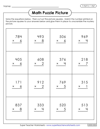 Valentine Multiplication - Multiplication Puzzle Picture: Valentine's Day (3-Digit by 1-Digit)