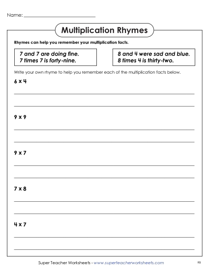Worksheets and Games - Multiplication Rhymes Worksheets and Games - Multiplication Rhymes