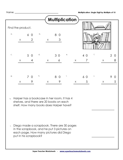 2-Digit Times 1-Digit Worksheets - Multiplication: Single Digit by a Multiple of Ten 2-Digit Times 1-Digit Worksheets - Multiplication: Single Digit by a Multiple of Ten
