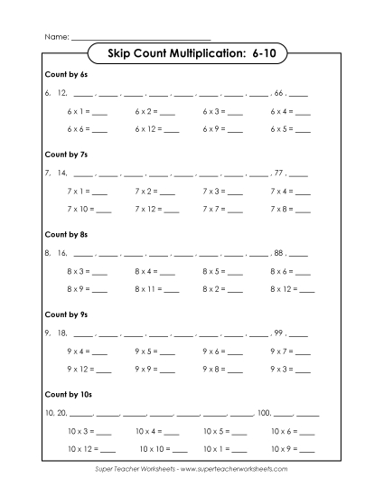 Worksheets and Games - Multiplication Skip Count (6-10) Worksheets and Games - Multiplication Skip Count (6-10)