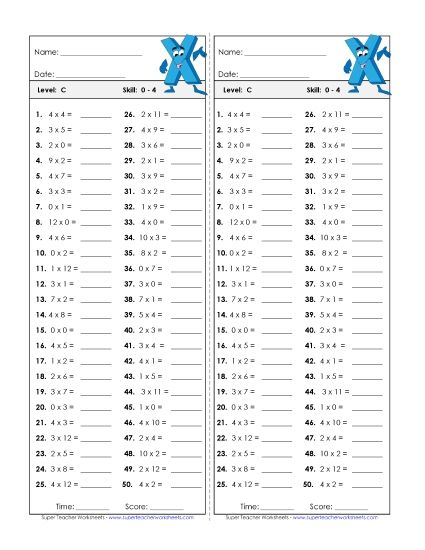 Sample Worksheet Images - Multiplication Timed Quiz 0 - 4