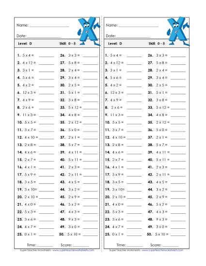 Sample Worksheet Images - Multiplication Timed Quiz 0 - 5