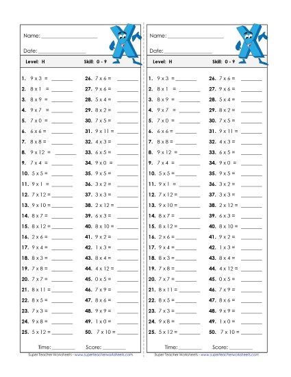 Sample Worksheet Images - Multiplication Timed Quiz 0 - 9 (Printable PDF Worksheet)