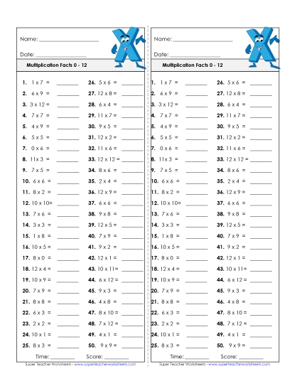 Timed Quizzes - Multiplication Timed Quiz #3 Factors 0 through 12