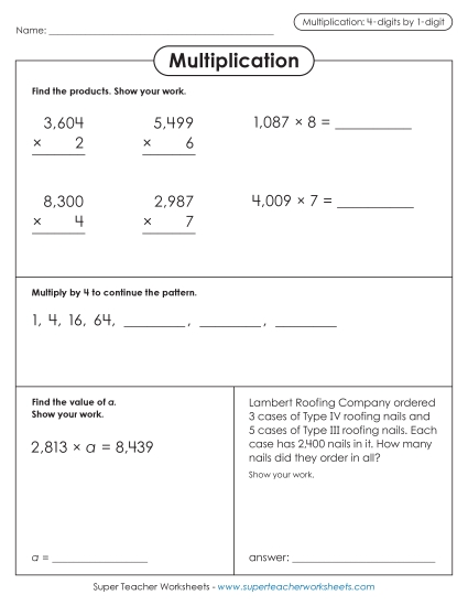 4-Digit Times 1-Digit Worksheets - Multiplication Variety: 4-digit by 1-digit