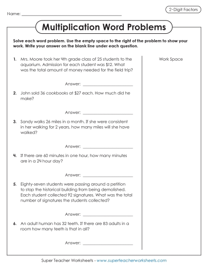 2-Digit Times 2-Digit Worksheets - Multiplication Word Problems (2 Digits by 2 Digits) 2-Digit Times 2-Digit Worksheets - Multiplication Word Problems (2 Digits by 2 Digits)